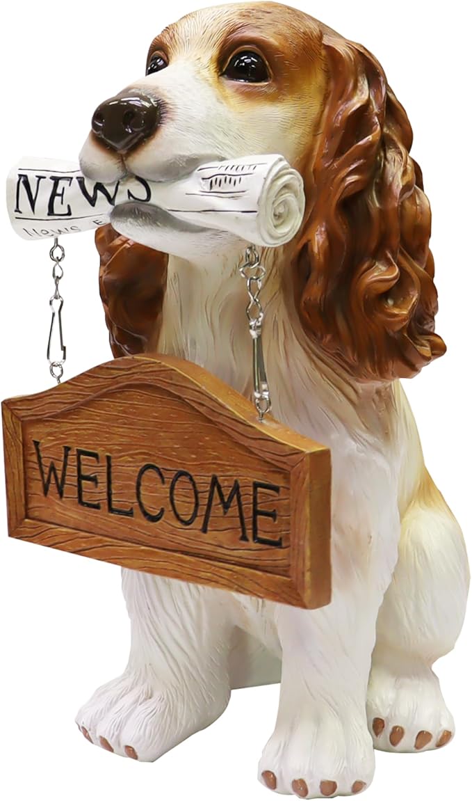 Nature's Mark Cocker Spaniel Dog Puppy Statue with Reversible Welcome Sign and Go Away Sign Resin Garden Decor 12" H