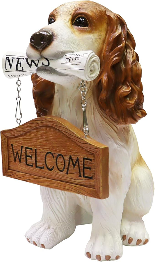 Nature's Mark Cocker Spaniel Dog Puppy Statue with Reversible Welcome Sign and Go Away Sign Resin Garden Decor 12" H