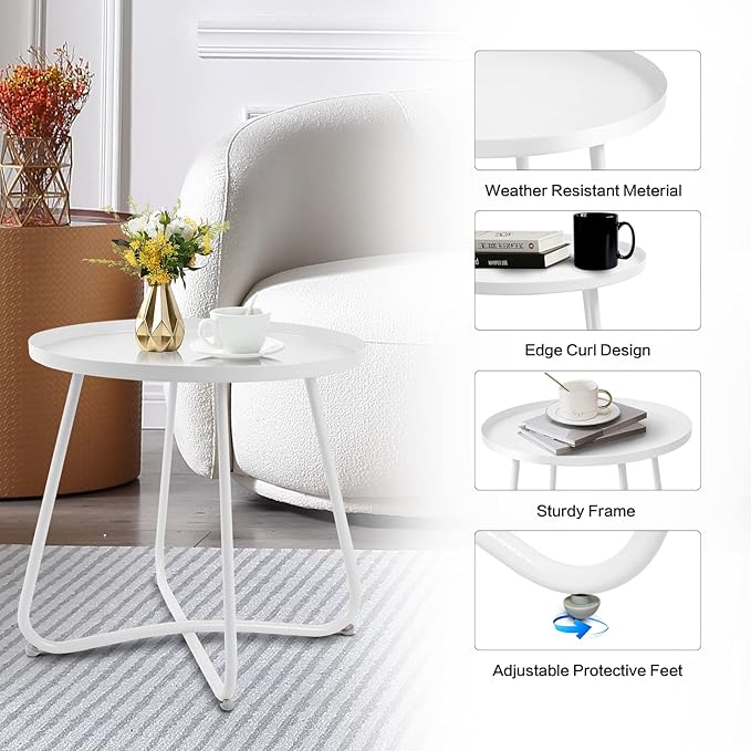 Babion White Outdoor Side Table, Small Round Patio Accent Table for Yard Garden, Indoor & Outdoor