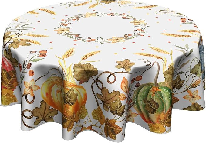 Giwawa Fall Round Tablecloth, Harvest Table Cloth 60 inch, Halloween Table Cover for Fall Picnic and Thanksgiving Party, Maple Leaves and Pumpkin Decorations