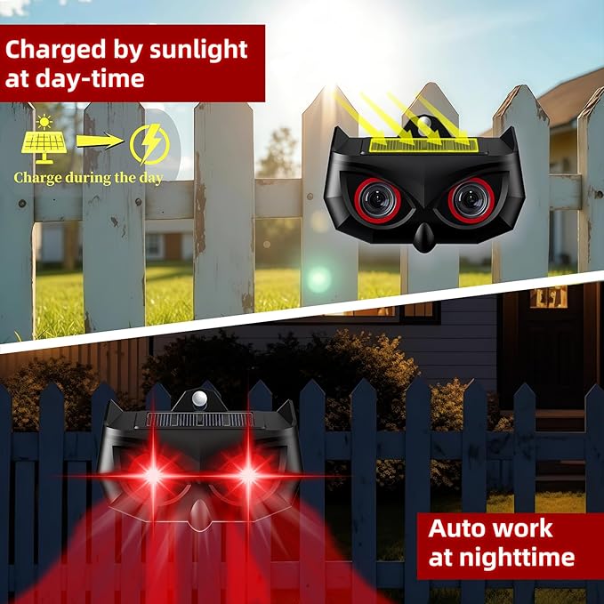 2025 Solar Nocturnal Animal Repeller,2 Pack Racoon Repellent Outdoor,Waterproof Deer Repellent Device,Wall-Mounted Red Flashing Light, Skunk Fox Coyote Deterrent for Chicken Coop Garden Yard