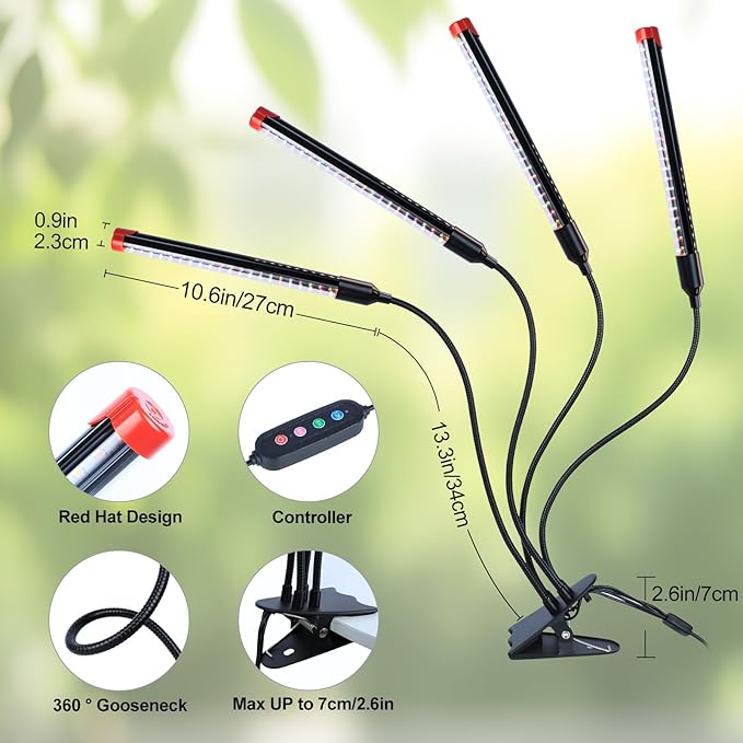 4-Head Strong Clip Grow Lights for Indoor Plants, Seed Starting, Bonsai, Succulent, Cactus with Timer, 36 Watt Power Home Plug, Enough High-Intensity Like Sun, Best Gift for Plants Lover