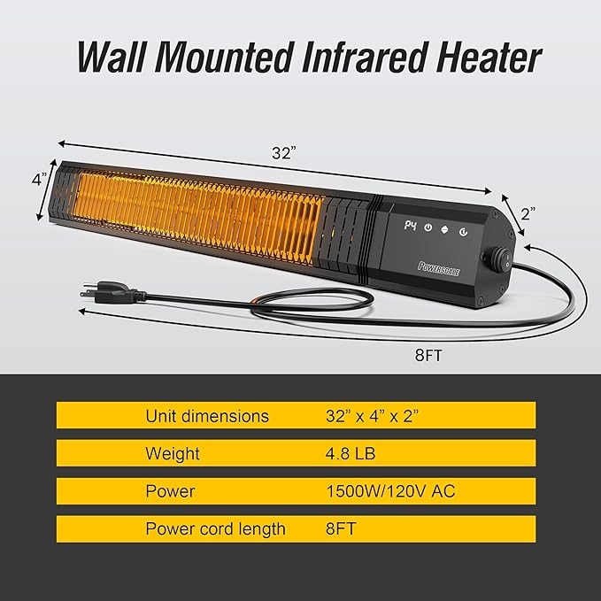 Infrared Outdoor Heaters for Patio Electric, IP65 Waterproof 1500W Patio Heater with Remote, 24H Timer&4 Heat Level for Porch, Garage & Backyard