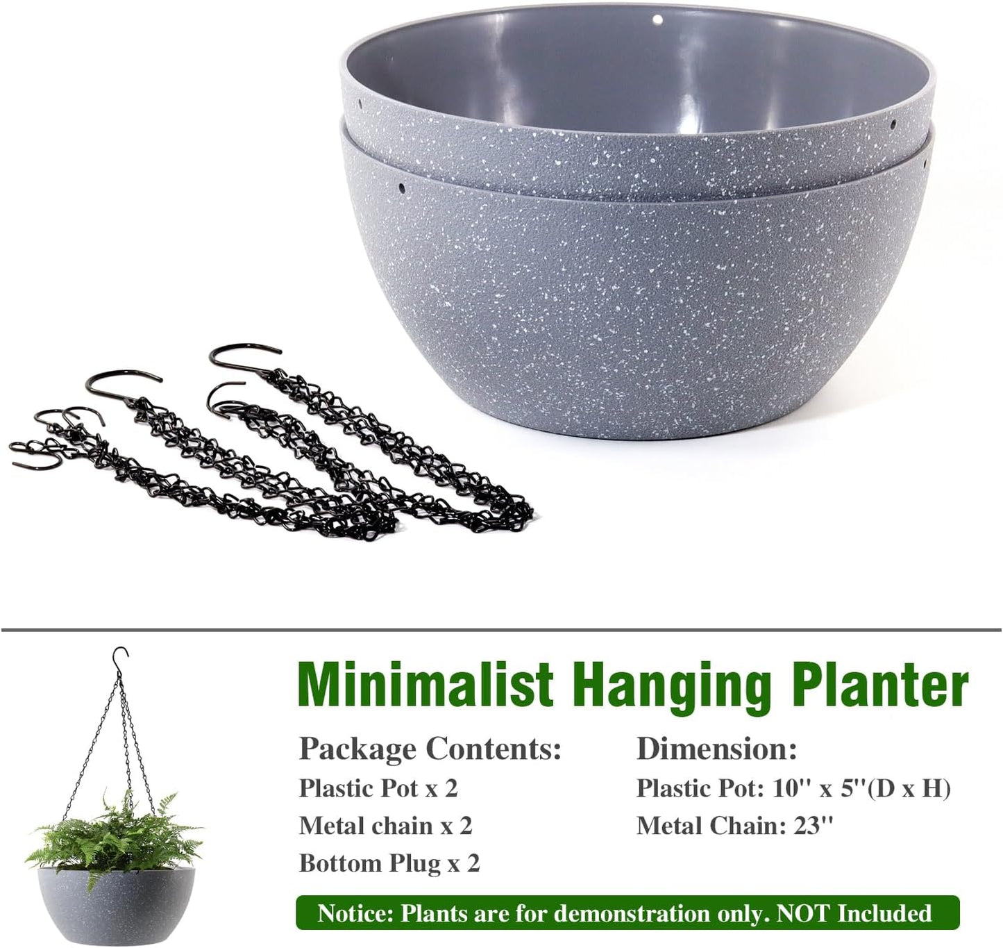 10 inch Hanging Planters for Outdoor Indoor Plants with Drainage Holes and Chain, 2 Pack Round Hanging Flower Plant Pots for Garden Home Porch Decor, Speckled Grey