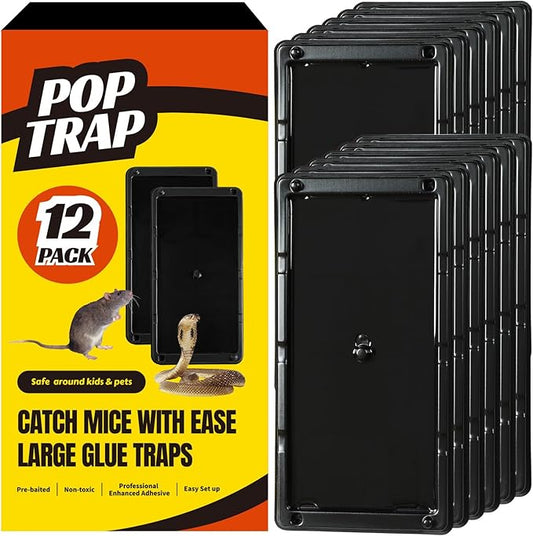 POPTRAP Rat Trap Heavy Duty & Large - 12 Pack, Super Sticky Mouse Trap with Ultra-Strong Glue, Mouse Glue Trap with Scent of Peanut Butter for Indoor & Outdoor, Non-Toxic & Long-Lasting