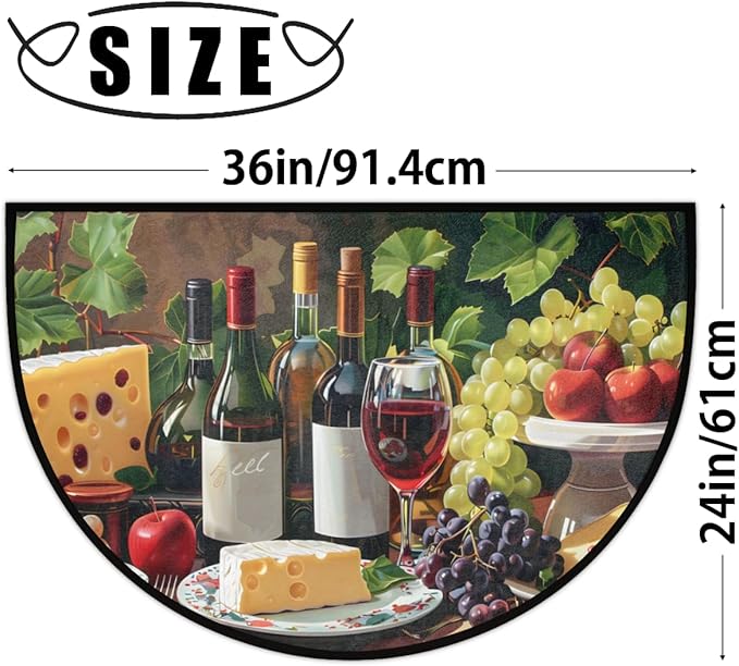 cfpolar Non-Slip Soft Half Round Door Mat, Wine Cheese Grapes Semicircle Mat for Indoor Entrance Garage Bath Living Room Patio 24 x 36 in