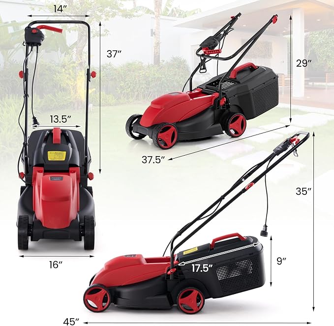 Electric Lawn Mower, 13" Corded Lawnmower with 10 Amp Copper Motor, 6.6-Gallon Grass Collection Box & 3-Position Heights, Push Lawn Mower Electric De-Thatcher for Garden & Farmyard (Red)