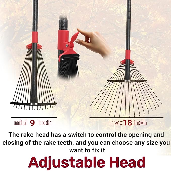 76 Inch Rake for Leaves, Adjustable 18 Metal Tines with Expandable Head Garden Rakes for Lawns Heavy Duty Metal Rake for Leaves Yard Gardening Grass Outdoor Debris