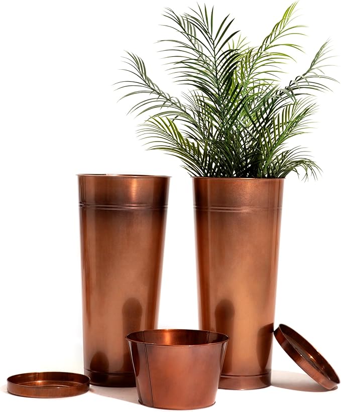 28in Tall Copper Planters Set of 2,Galvanized Steel Tall Outdoor Planter for porches/Indoor/terraces Patio- Copper Color(2planters,2inner pots with Holes, 2trays)