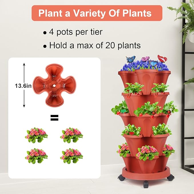 Vertical Planter, 5 Tier Stackable Strawberry Planter with Garden Tool Set, Movable Indoor/Outdoor Garden Herb Pot for Growing Vegetables and Succulents, Red