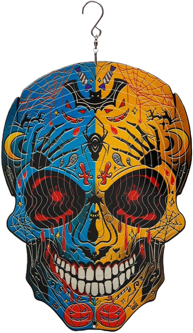 12 inch Halloween Decoration Skull Wind Spinner - 3D Metal Garden Spinner, Mandala Kinetic Art Outdoor Decor -Handcrafted Hanging Ornament for Outdoor,Patio, Yard，Garden