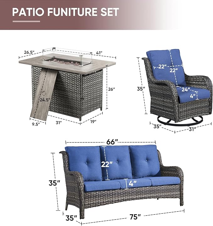 4 Piece Patio Furniture-with 50,000 BTU Gas Propane Fire Pit Table Outdoor Patio Furniture with Swivel Rocker Chairs,Outdoor Couch