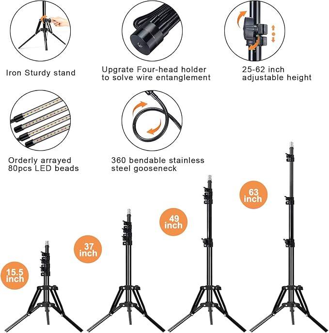Grow Lights with Stand,4 Goosenecks Floor Plant Light for Indoor Plants,10 Dimmable Levels & Auto On/Off Timer(3/9/12H Timer), 3 Switch Modes,Tripod Stand Plant Lamp Height Adjustable.