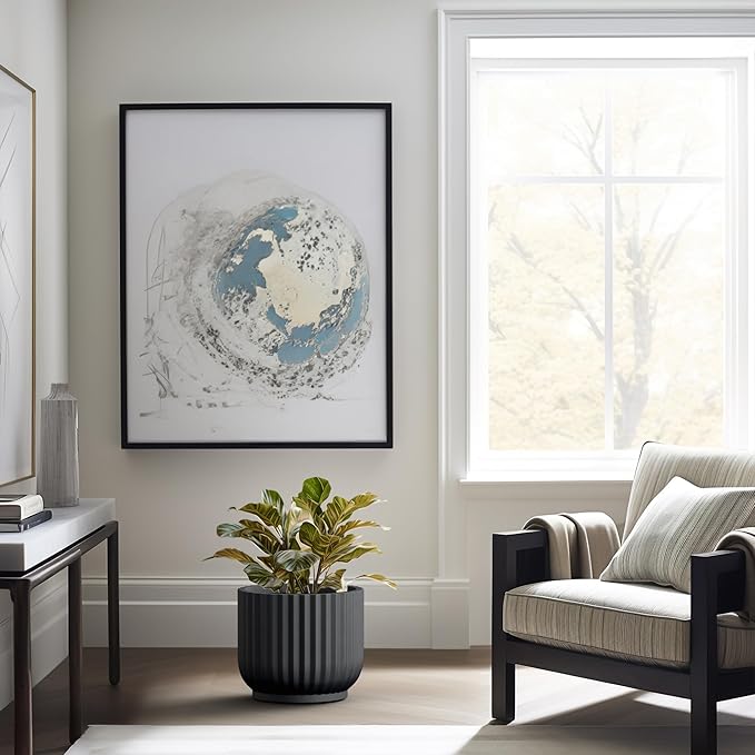 Kante Round Fulted Planter, 14 Inch Dia Large Concrete Plant Pots with Drainage Hole and Rubber Plug, Modern Decor for Indoor Outdoor Plants, Flower, Black