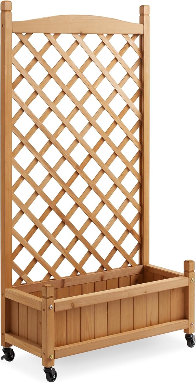 Casafield 48" Raised Garden Bed with Trellis - Wooden Diamond Lattice for Climbing Plants and Planter Box with Drainage Holes and Wheels