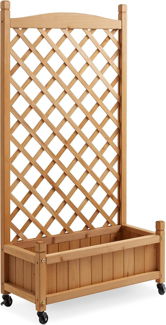Casafield 48" Raised Garden Bed with Trellis - Wooden Diamond Lattice for Climbing Plants and Planter Box with Drainage Holes and Wheels