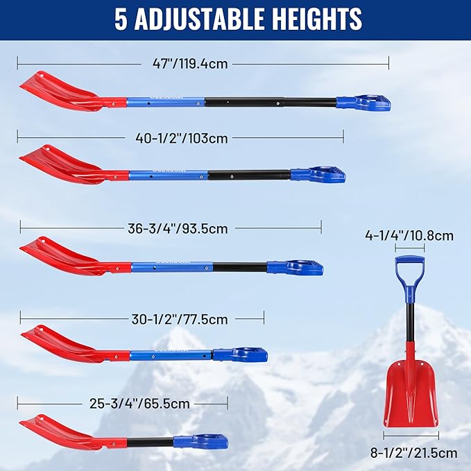 WORKPRO 47" Adjustable Snow Shovel, Lightweight Aluminum Detachable Shovel with Storage Bag for Car, Driveway, Garden, and Camping, Durable Emergency Snow Shovel for Winter Snow Removal