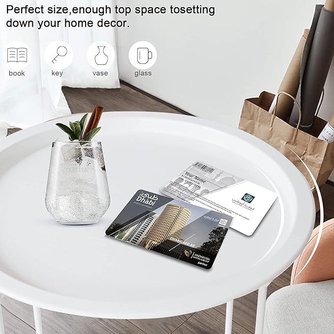 Garden 4 you End Table Metal Side Table Round Folding Tray Cyan Sofa Small Accent Fold-able Table, Round End Table Tray, Next to Sofa Table, Snack Table for Living Room and Bed Room,White