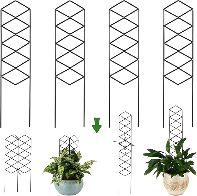 Stackable Metal Trellis for Potted Plants, 4 Packs 17 Inch Small Garden Trellis for Climbing Plants Indoor, Pothos Plant Climber Support Indoor Plant Support Stakes, Black