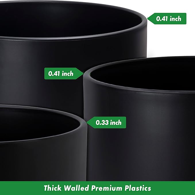 D'vine Dev 12 Inch 14 Inch 16 Inch, Set of 3 Plastic Planter Pots for Plants with Drainage Hole and Seamless Saucers, Black Color, XXX-Large, 74-V-B-7