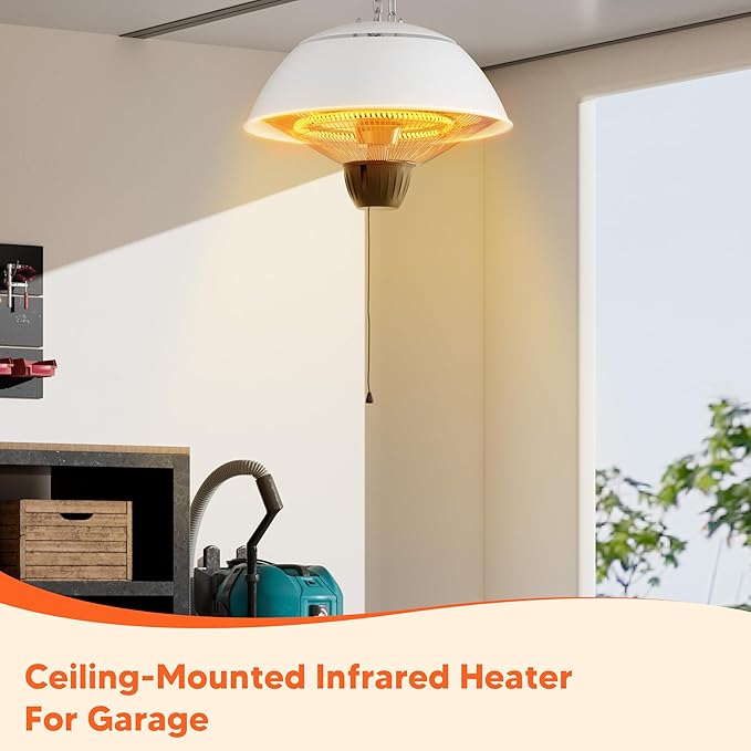 Electric Outdoor Heater, 1500W Hanging Ceiling Mounted Infrared Patio Heater for Outdoor Use, Waterproof Electric Heater for Porch, Balcony, Garage, Adjustable Height, White