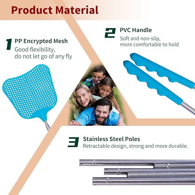 Fly Swatters 2 Pack, Durable Telescopic Stainless Steel Handle, Heavy Duty Blue Bug Zapper Racket, Upgraded Plastic Fly Swatter Set for Indoor Outdoor Home Hiking Camping Garden