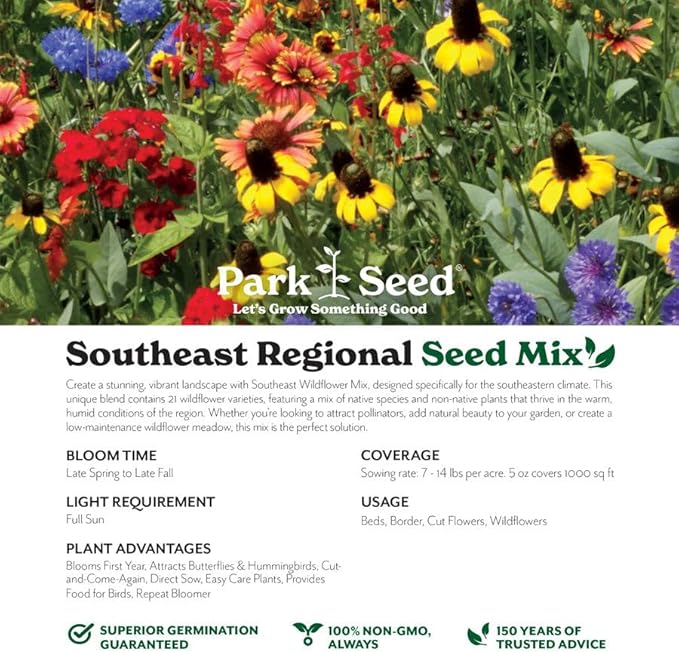Park Seed Grow Your Own Vibrant Annual and Perennial Wildflower Garden Seeds Mixture, Easy to Grow Varieties for Pollinators and Spring Gardens - Southeast Regional Mix, 25 lbs