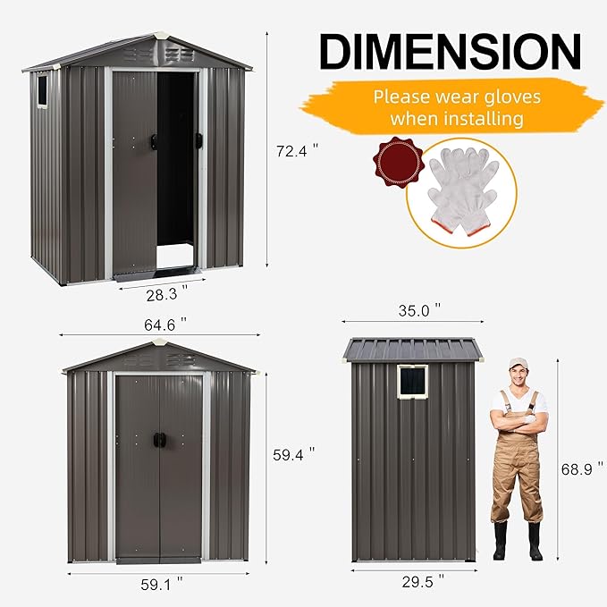 Shintenchi 5x3 FT Outdoor Storage Shed with Window, Lockable Outdoor Waterproof Tool Storage Sheds, Weather Resistant Tool Storage House Shed for Garden, Backyard, Patio Utility and Tool Storage, Gray