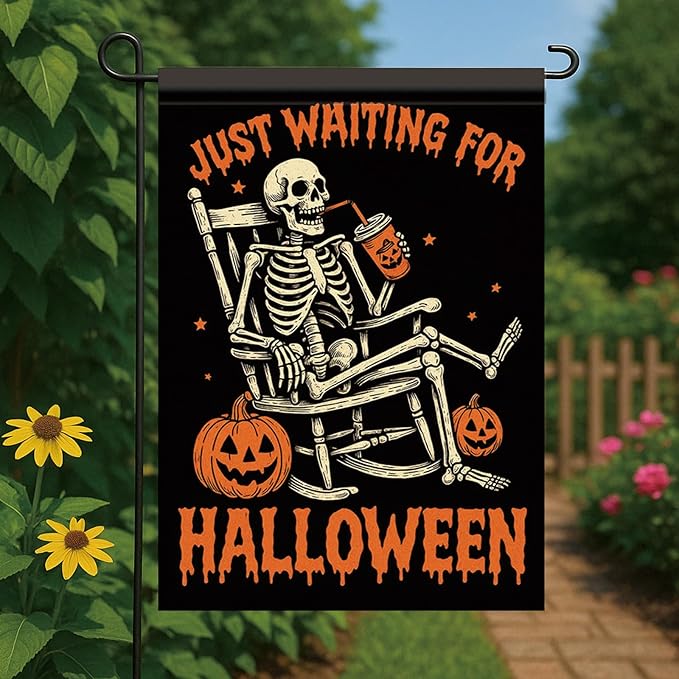 Halloween Garden Flag Skeleton Pumpkin Flag Just Waiting for Halloween 12x18 Inch Double Sided Outdoor Yard Banner for Trick or Treat Haunted House Spooky Decoration Decor