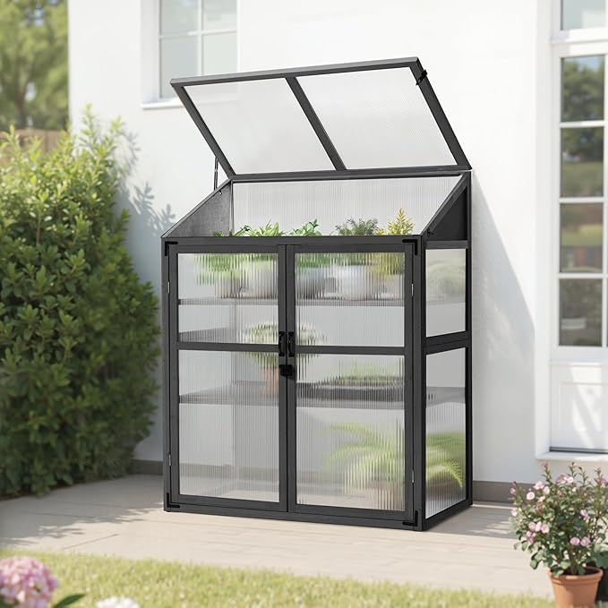 Macrout Cold Frame Greenhouse, Large Wooden Greenhouse Cabinet, Garden Cold Frame with Adjustable Shelves for Outdoor Indoor Use, 1344 (Dark Grey)