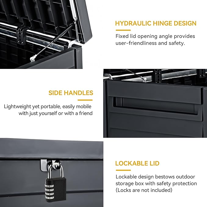 DWVO Outdoor Storage Deck Box, 120 Gallon Capacity, Waterproof Storage Bench, Lockable Lid, Resilient Resin Construction, Black