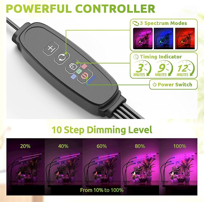 bseah Plant Lights for Indoor Plants, Full Spectrum Grow Lights, Auto ON & Off, Dimmable Lightness (1 Pack)