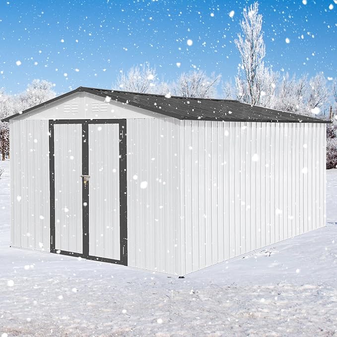 10x12 FT Metal Outdoor Storage Shed & Double Hinged Large Door - Heavy-Duty Shed with Floor, Lockable & Ventilation - Rainproof Windproof Large Utility Garden Shed for Backyard Patio Lawn