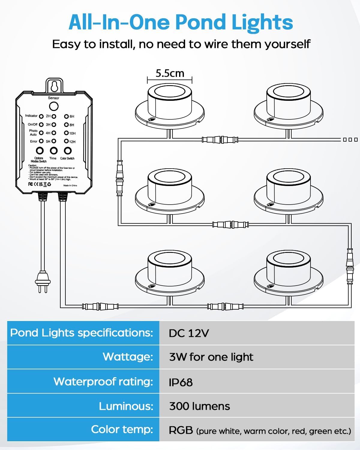 HIBOITEC LED Pond Lights, RGB Underwater Fountain Light with 12V Timer Transformer, Photocell Light Sensor, IP68 Waterproof Outdoor Underwater Lights for Outdoor Ponds Garden, 6 Pack