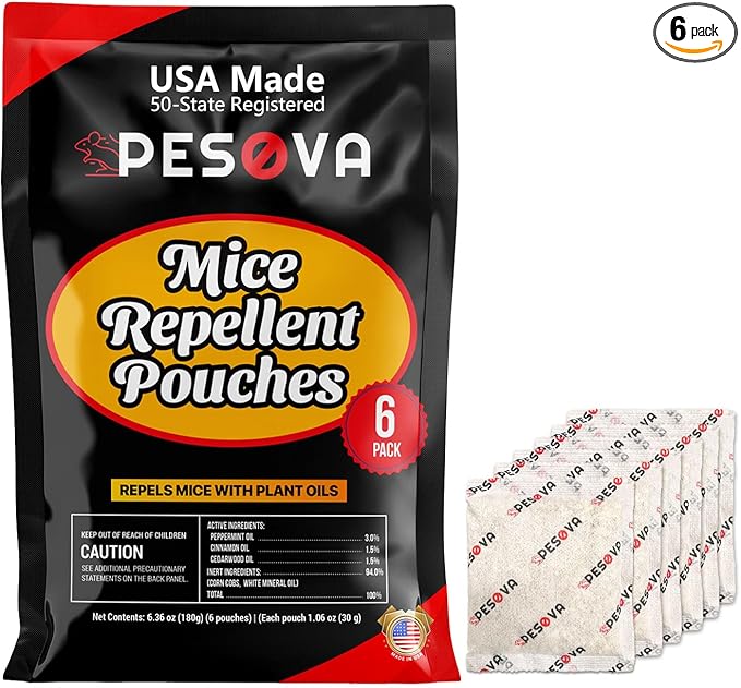 Mouse Repellent Pouches, Extra-Strength Peppermint Oil Rodent Repellent Pouches, Indoor Mice Repellent, Natural Rat & Mouse Repellent, Use Safe for Car/RV/Boat/Garage/Shed/Cabin (Pack of 6)