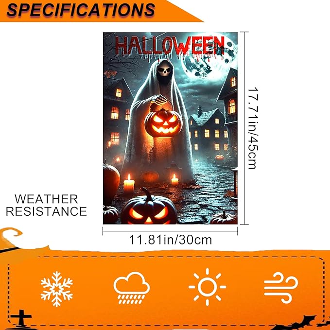 IVN Spooky Halloween Ghost Garden Flag 12x18 Inch Double Sided Frightful Character Outdoor Yard Decor Patio Accent with Pumpkin Lantern Design for Festive Lawn Ornament and Home Decor