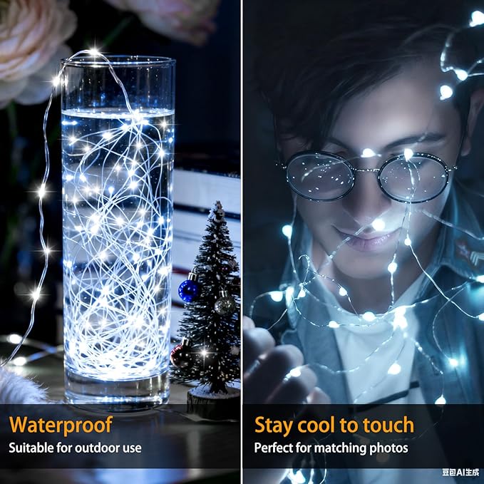 VOOKRY 8 Pack 30 LED Fairy Lights Battery Operated String Lights - 10 ft Mini Silver Wire Firefly Starry Moon Lights for DIY Crafts Wedding Party Table Centerpieces Bedroom Christmas(Cool White)