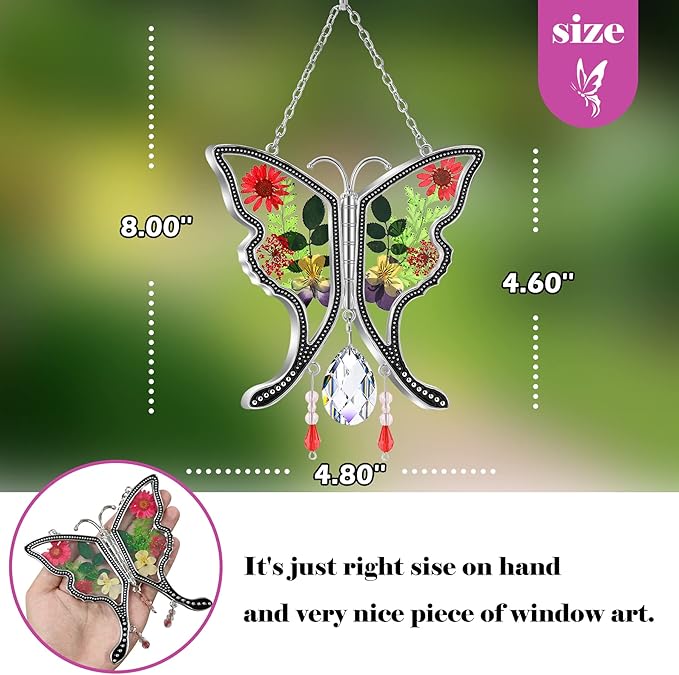 KY&BOSAM Gifts for Mom Crystal Butterfy Suncatcher Stained Glass Butterfly Suncatchers for Windows with Pressed Real Flowers Heart Charm Engraved with Crystal Mother`s Day Birthday
