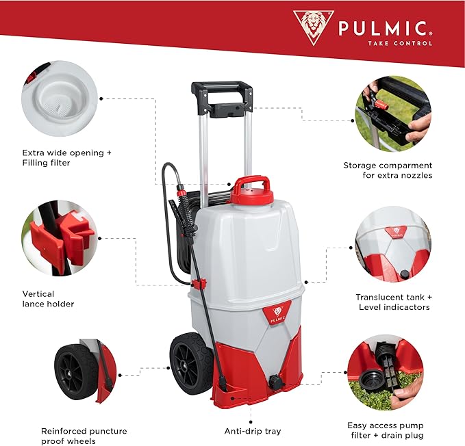 PULMIC Electric Sprayer Pegasus 35. 9.25-Gallon Cart Sprayer. 3 Application Speeds Up to 60 PSI Pressure. 18V Removable Lithium Battery. Up to 7 Hours of Autonomy. 20 ft Hose and Accessories Included