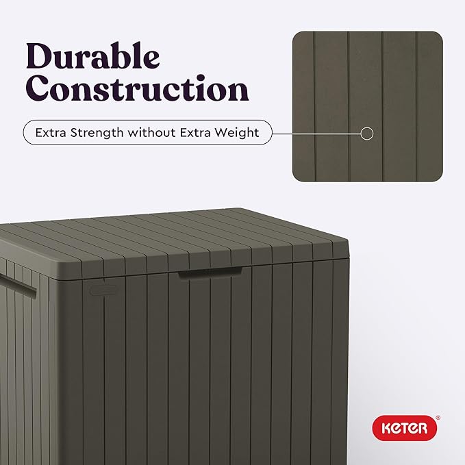 Keter City 30 Gallon Resin Outdoor Storage Box and Patio Furniture Side Table for Pool and Garden Accessories, Mossy Brown