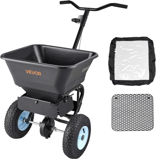 VEVOR Broadcast Spreader, 100LBS4Capacity, Walk-Behind Push Spreader, 0-9.8ft Spreading Width, 13 in All Terrain Pneumatic Tires, Lawn Spreaders with Hopper Grate, for Seed, Fertilizer, Salt, Ice Melt