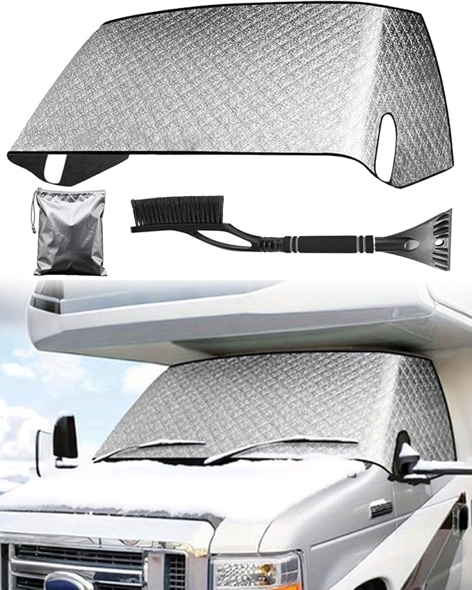 RV Windshield Cover For Class C Ford E450 1997-2025 Motorhome,Windshield Snow Cover For Ice And Snow, RV Front Window Sunshade Cover Block UV Ray Heat RV Accessories [With Snow brush Ice Scrapers]