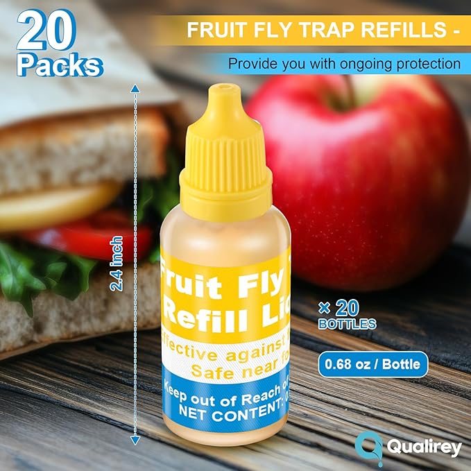 Qualirey Fruit Fly Trap for Indoor and Kitchen Use, 0.68 oz Each Bottle Fruit Fly Trap Refill Liquid, Ready to Use, Safe Near Food, Efficient Lure Refill Liquid, Yellow (20 Pack)
