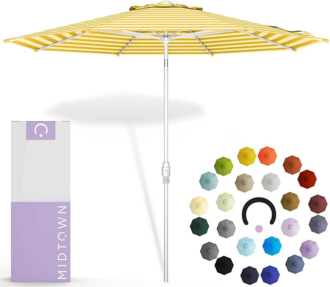 Midtown Umbrellas The Swilt 8 Feet Patio Umbrella in Terylast Sunny Stripes (White/Yellow) Polyester Fabric - Fiberglass Ribs, Auto-Tilt Aluminum Frame For Backyard, Deck, Garden, Pool - White Pole