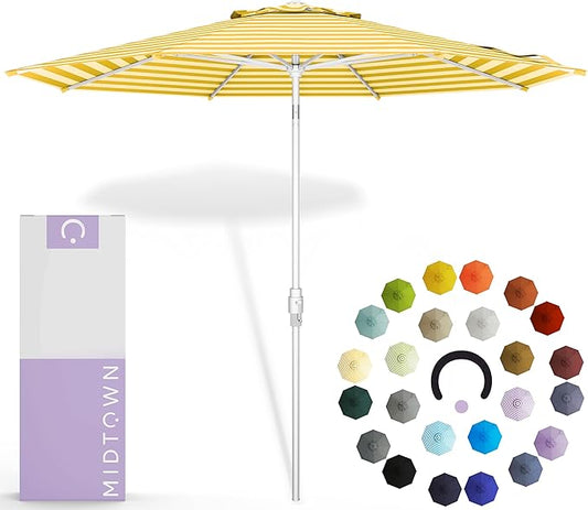 Midtown Umbrellas The Swilt 8 Feet Patio Umbrella in Terylast Sunny Stripes (White/Yellow) Polyester Fabric - Fiberglass Ribs, Auto-Tilt Aluminum Frame For Backyard, Deck, Garden, Pool - White Pole