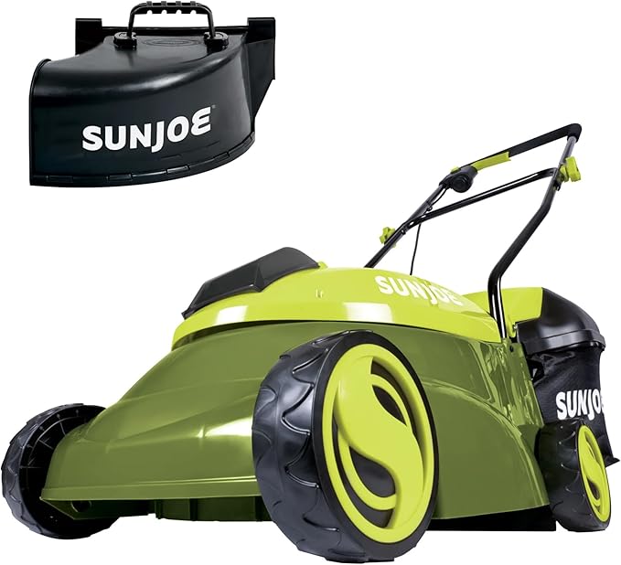 Sun Joe Cordless Lawn Mower, 14" Electric Walk Behind Grass Cutter with 3 Position Height Adjustment and Detachable Catcher, Green, MJ401C-PRO