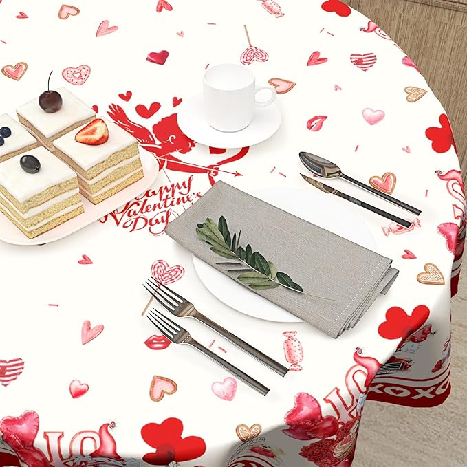 Valentines Round Tablecloth 60 Inches, Happy Valentine's Day Red Truck Table Cloth,Valentine Gnomes Love Hearts Cupid Table Cover for Wedding Anniversary, Proposals, Kitchen, Dining, Party Decor