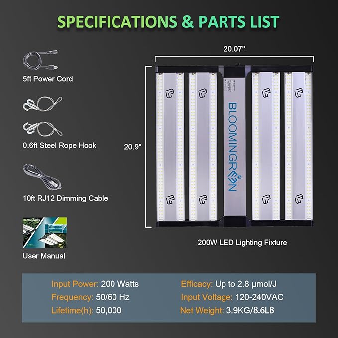 BLOOMINGREEN LED Grow Lights for Indoor Plants 200W Full-Spectrum Daisy Chain Grow Lamp with Samsung LM301B Diodes&672pcs LEDs,Dimmable Growing Light Fixtures in Greenhouse Vegetable Flower 2x2/3x3ft