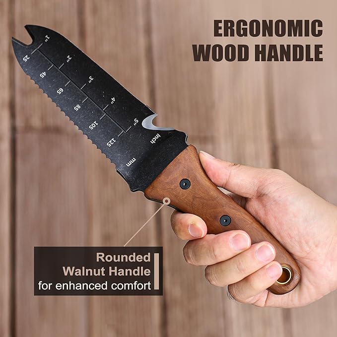 TOPLINE Hori Hori Garden Knife with Oxford Sheath, 7”Stainless Steel Blade with Cutting Edge, Full Tang Walnut Handle with Hanging Hole, Multifunctional Garden Tools for Weeding, Planting, Cutting