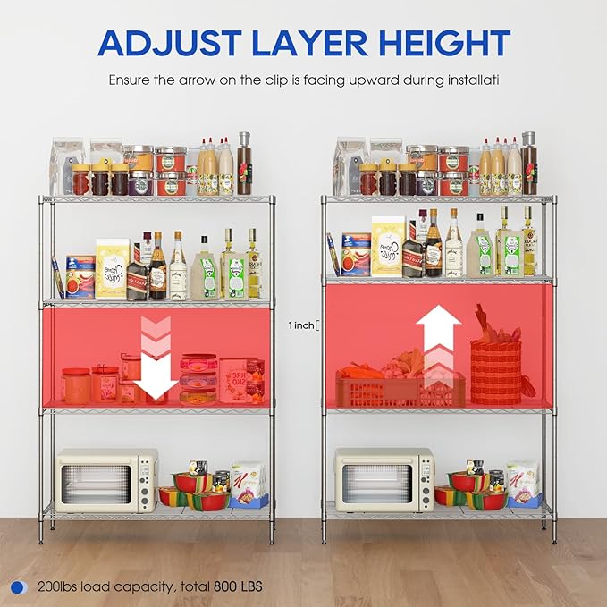 4-Tier Storage Shelves 35.4" L x 13.3" W x 53.7" H Metal Garage Shelves Standing Storage Shelf Adjustable Layer Racks with Steel Frame, Suitable for Kitchen, Garage or Commercial Use (Chrome)